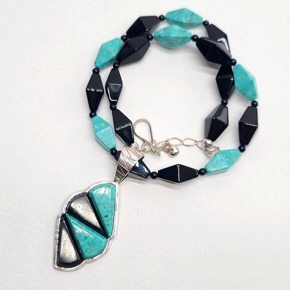 Jay King DRT Sterling Silver Blue Turquoise Onyx Inlay Pendant Beaded Necklace - Picture 1 of 10